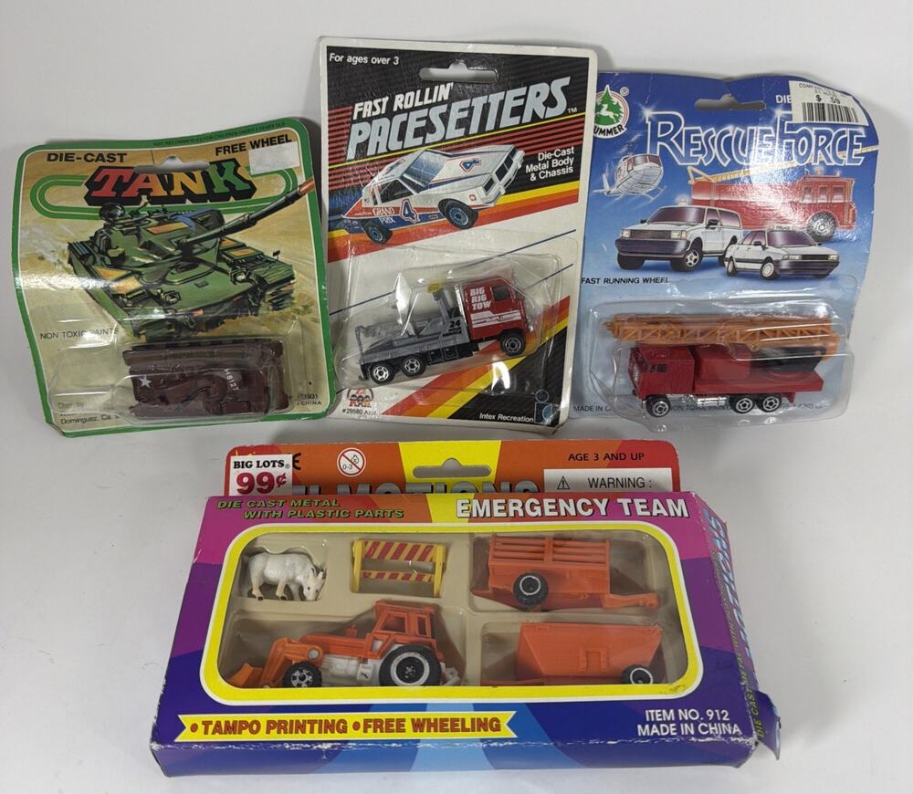 Lot of 4 Vtg Toy Cars Diecast & Plastic - Tank Rescue Tow Tractor
